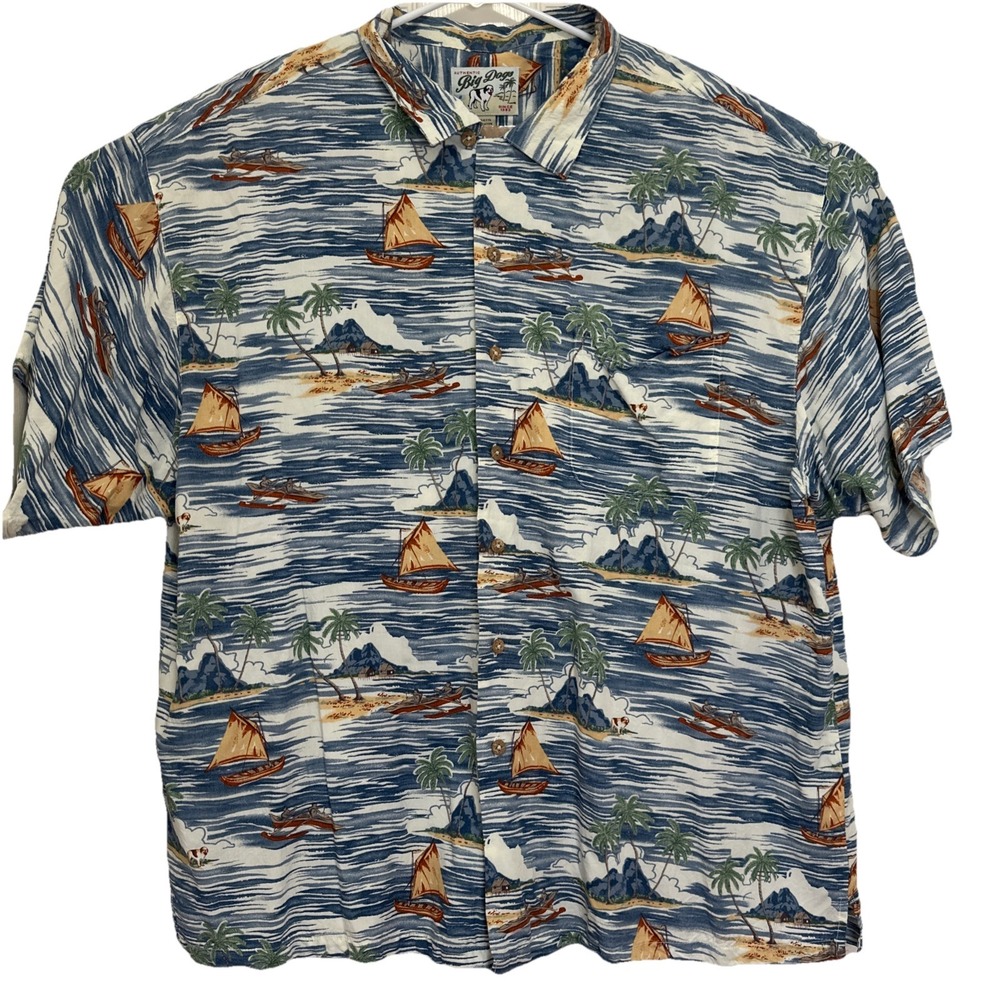 Big Dogs Hawaiian Shirt Mens 3X Short Sleeve Rayon Beach Dog Island‎ Palm Canoe